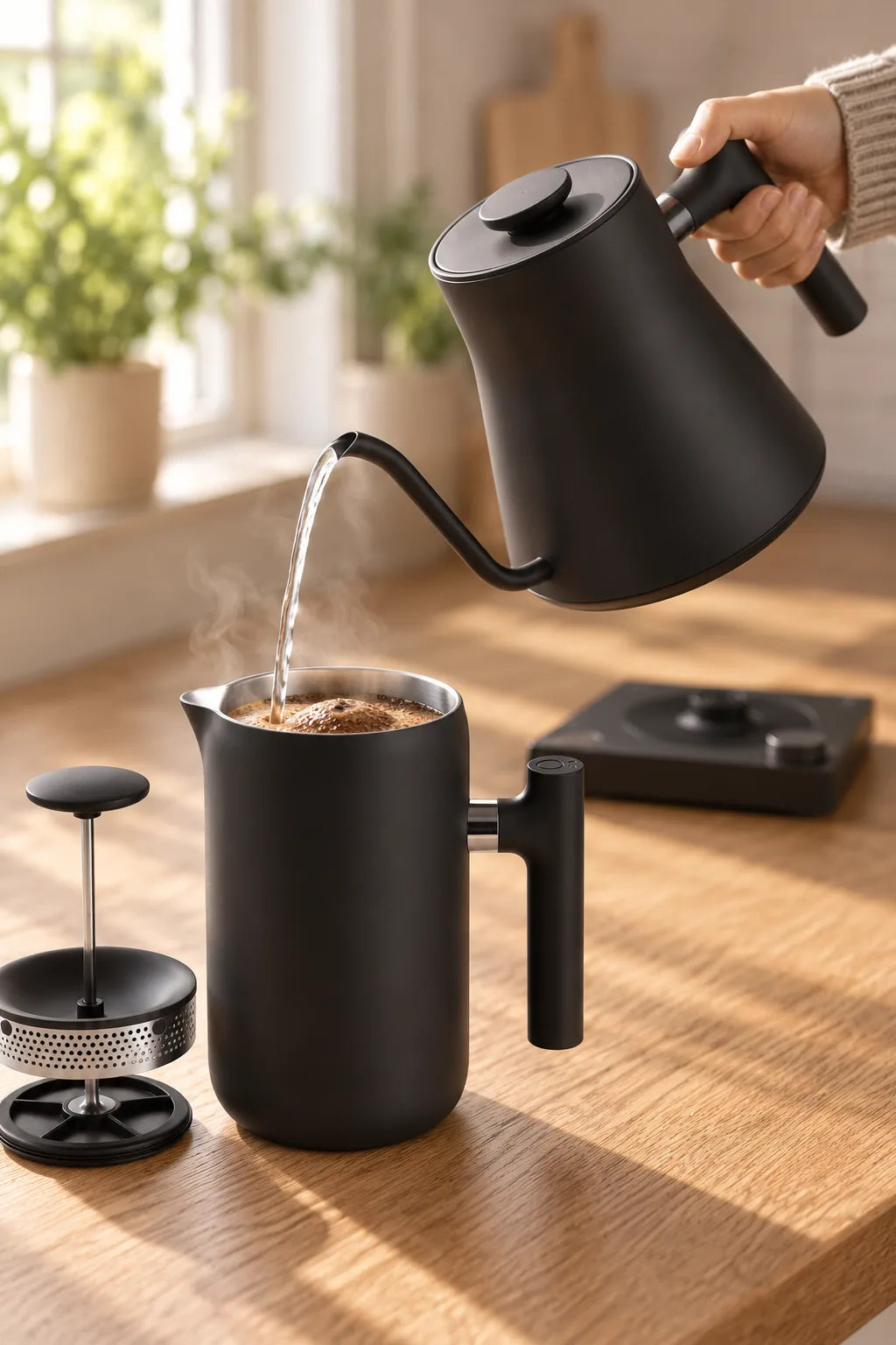 The Stagg EKG Pro kettle pouring a thin stream of hot water into the Clara French press