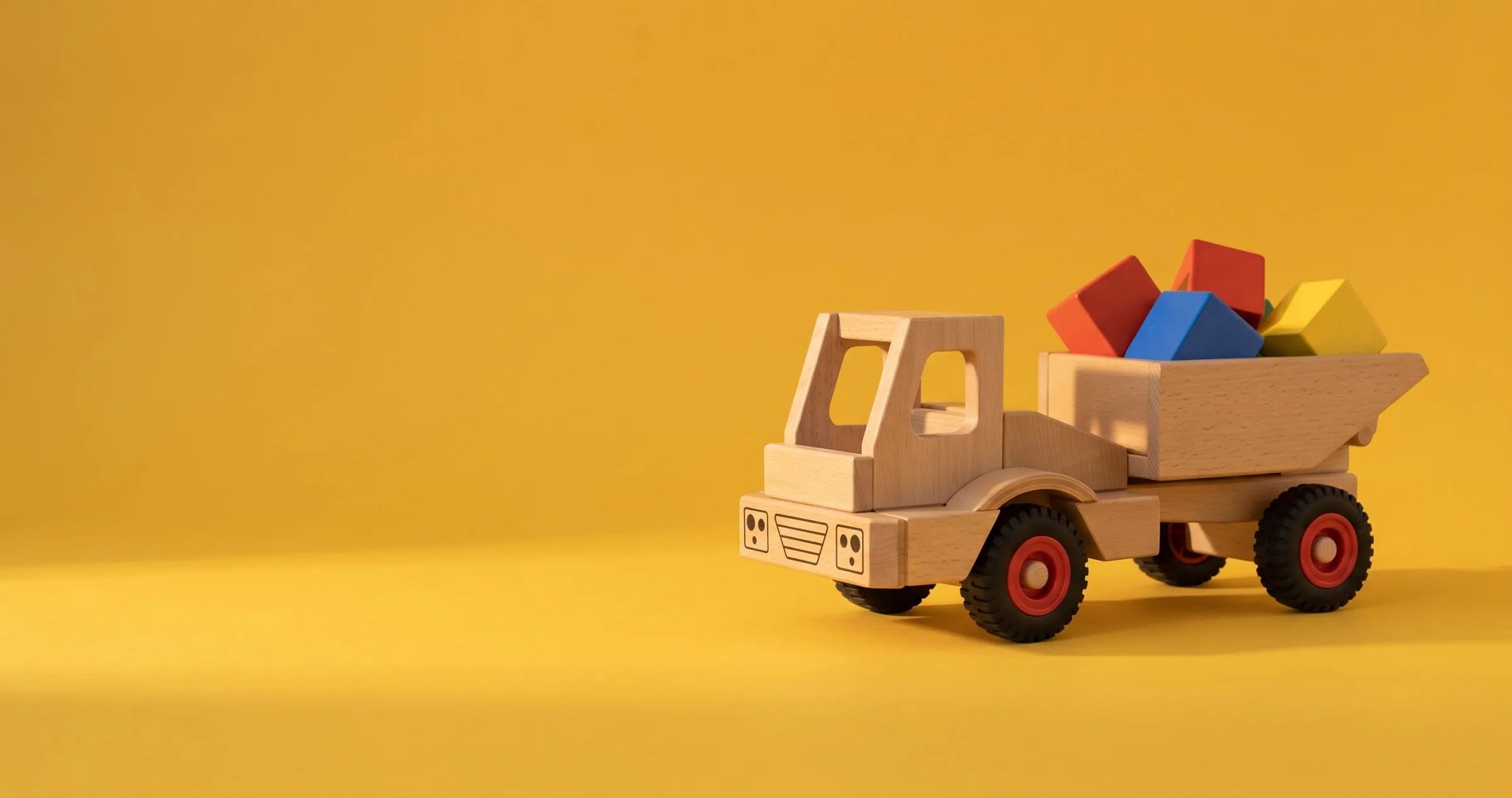 The Fagus Wheels Dumper loaded with wooden blocks on a golden yellow backdrop