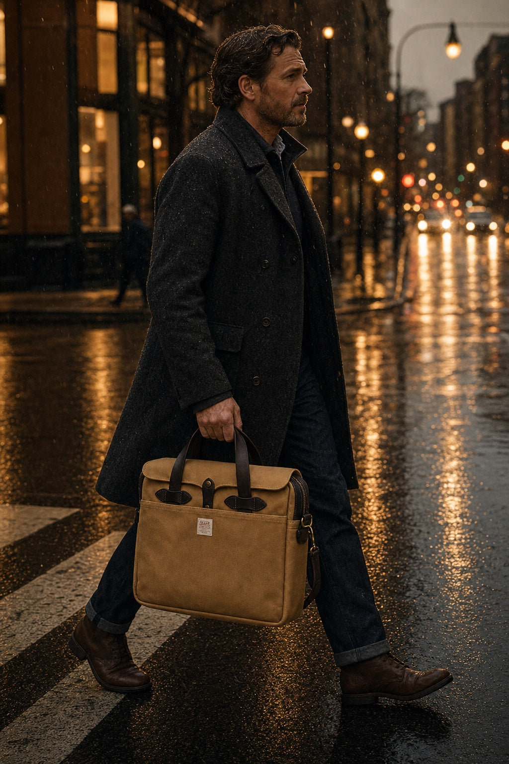 A commuter crossing a rain-glossed street at dusk carrying the Tan Filson briefcase