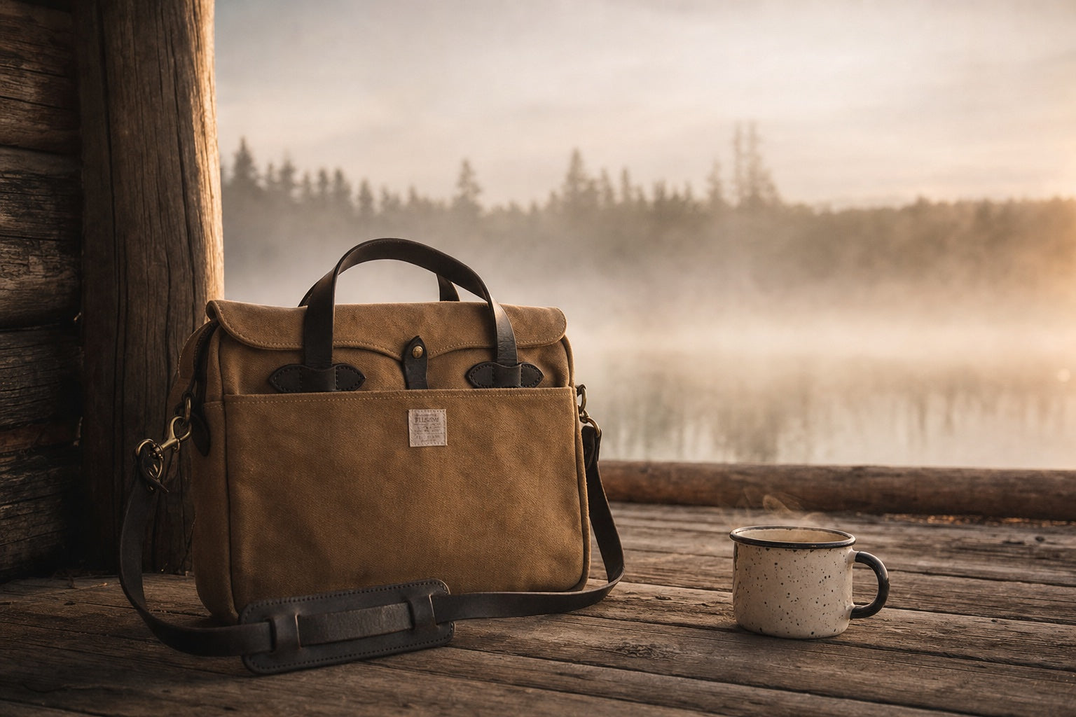 The Tan briefcase, beautifully broken in, on a cabin porch above a foggy lake
