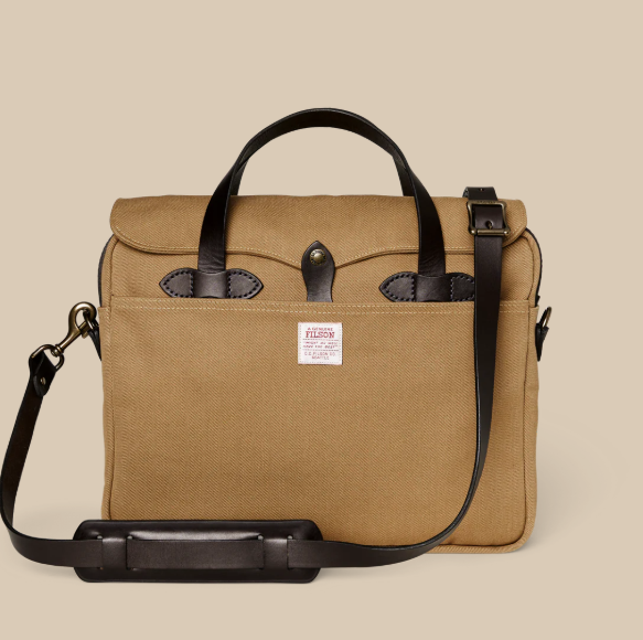 Filson Rugged Twill Original Briefcase in Tan — front view, studio
