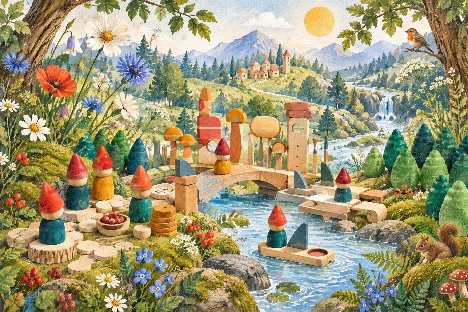 An illustrated imagination world where Grapat wooden figures, little buildings and trees become a magical woodland village.