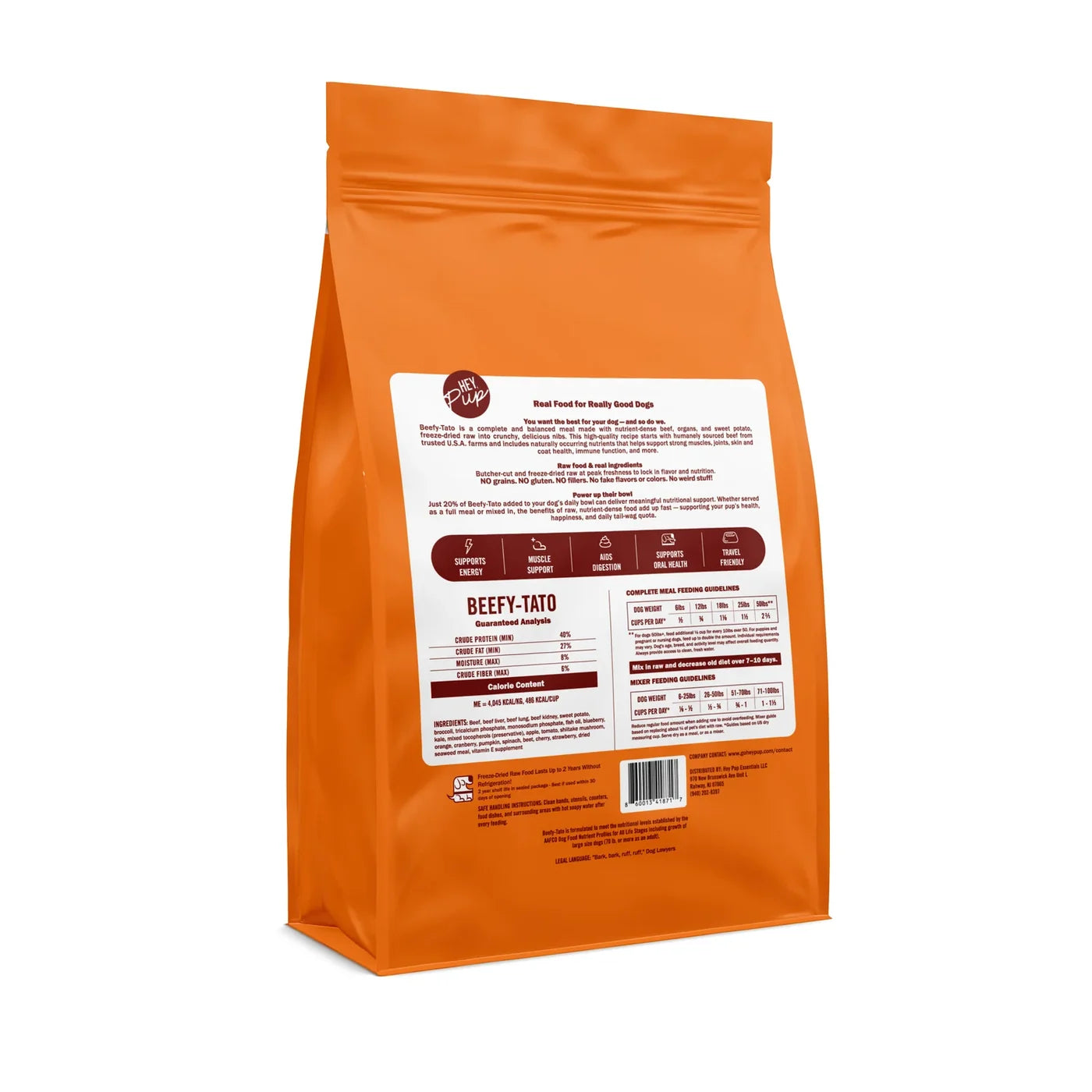 Back of HeyPup Beefy-Tato bag with feeding and nutrition information