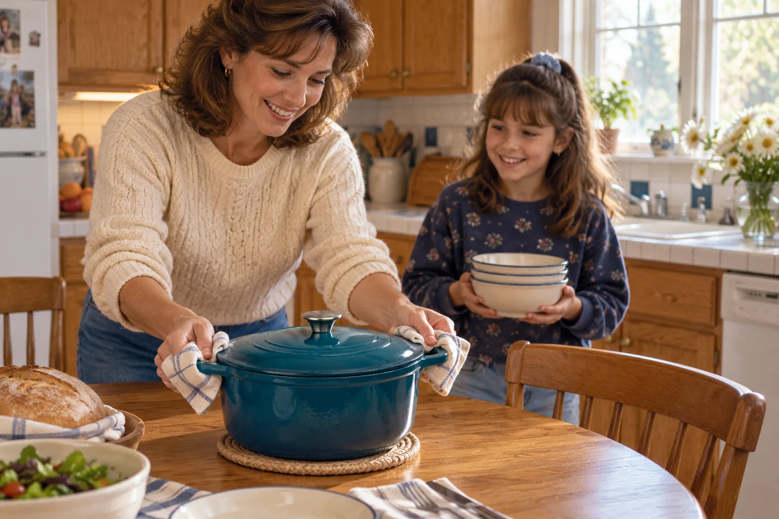 A mother and daughter setting a teal Dutch oven on a family table in the late 1990s