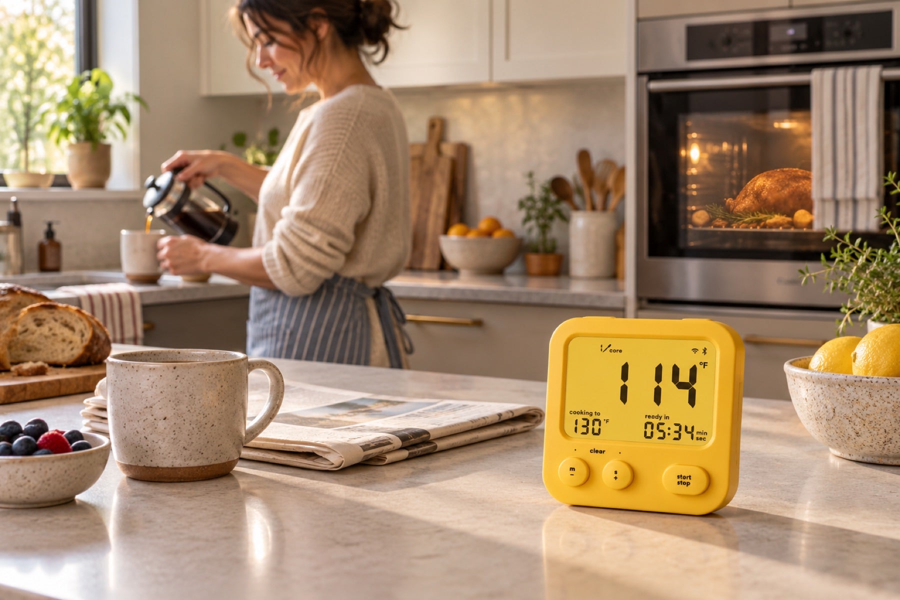 Combustion WiFi Display on a kitchen counter while a home cook pours coffee and a roast cooks in the oven