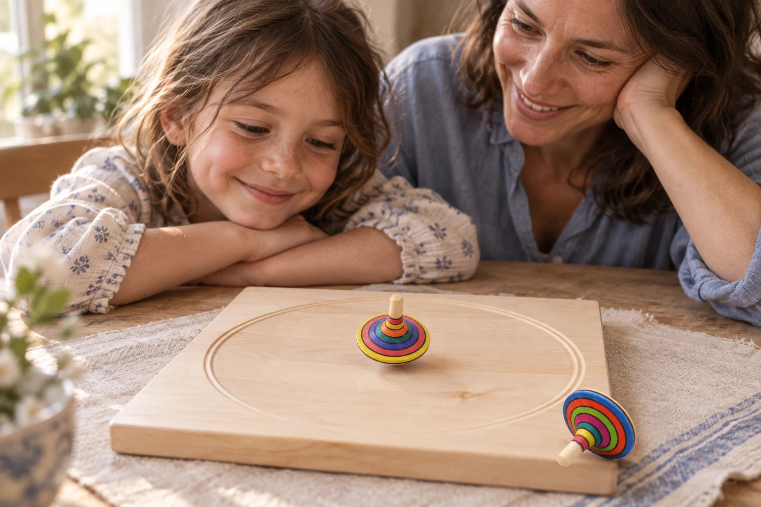 A parent and child watching a rainbow Mader top spin on a maple plate