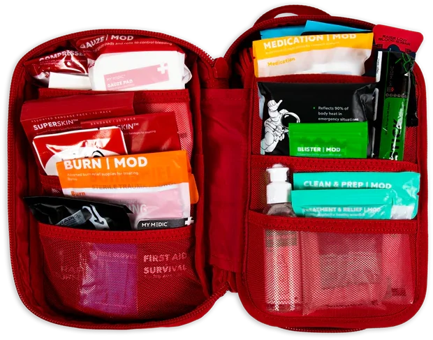 The MyFAK, open flat, showing its folding pages of labeled pouches