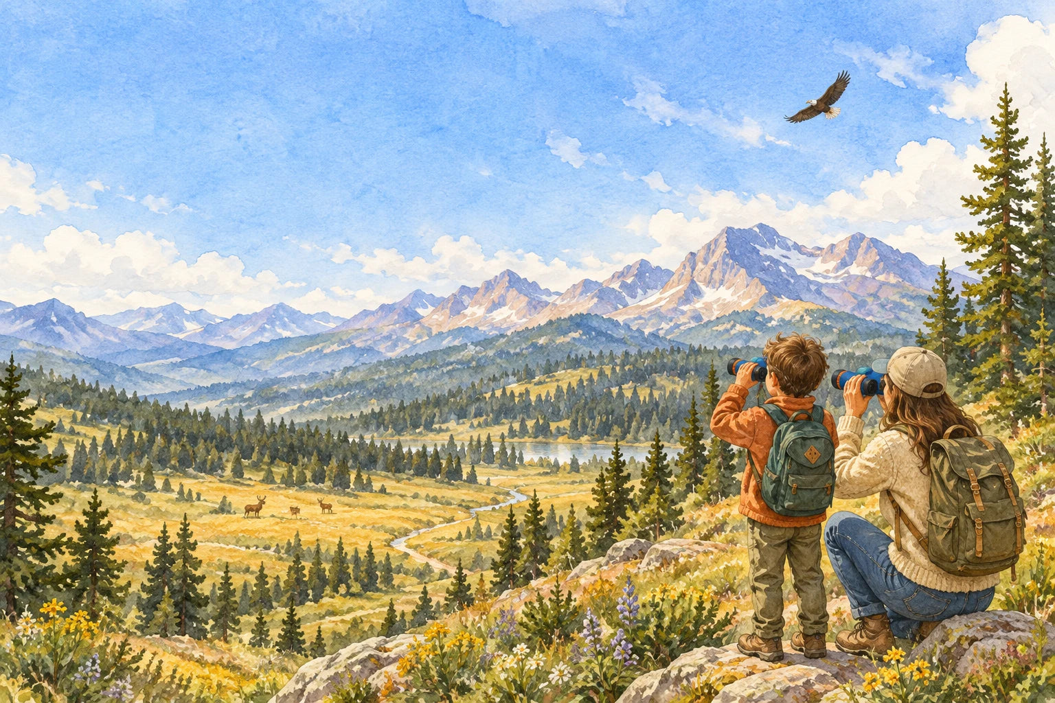 Watercolor mountains under a wide blue sky, with deer in a distant meadow and a parent and child exploring with blue binoculars.