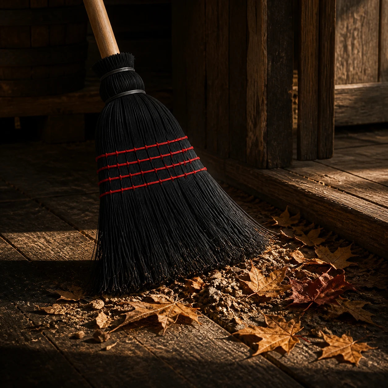 The Cinder Broom sweeping leaves and grit across an old wood floor