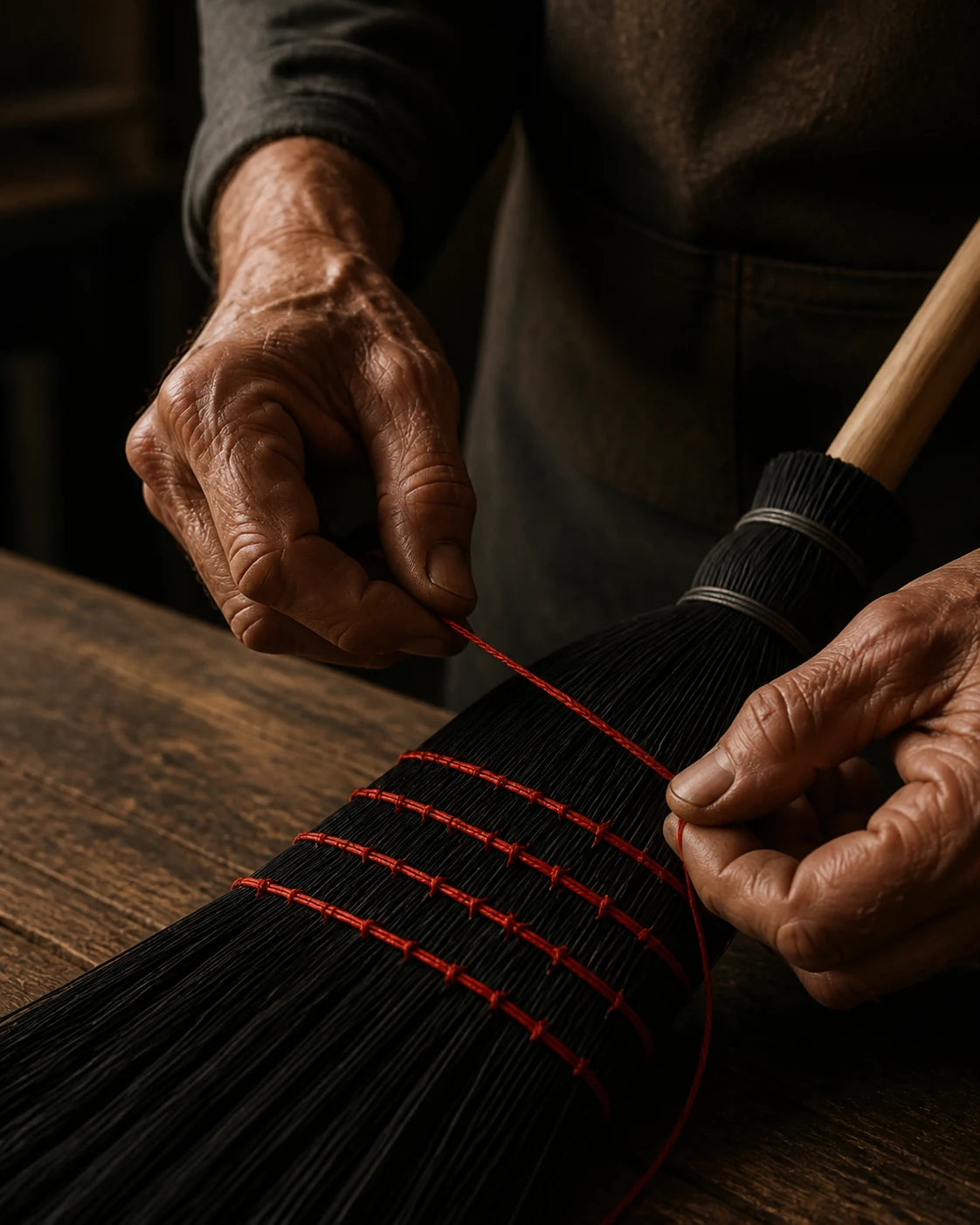 A broom maker hand-stitching red thread through black broomcorn