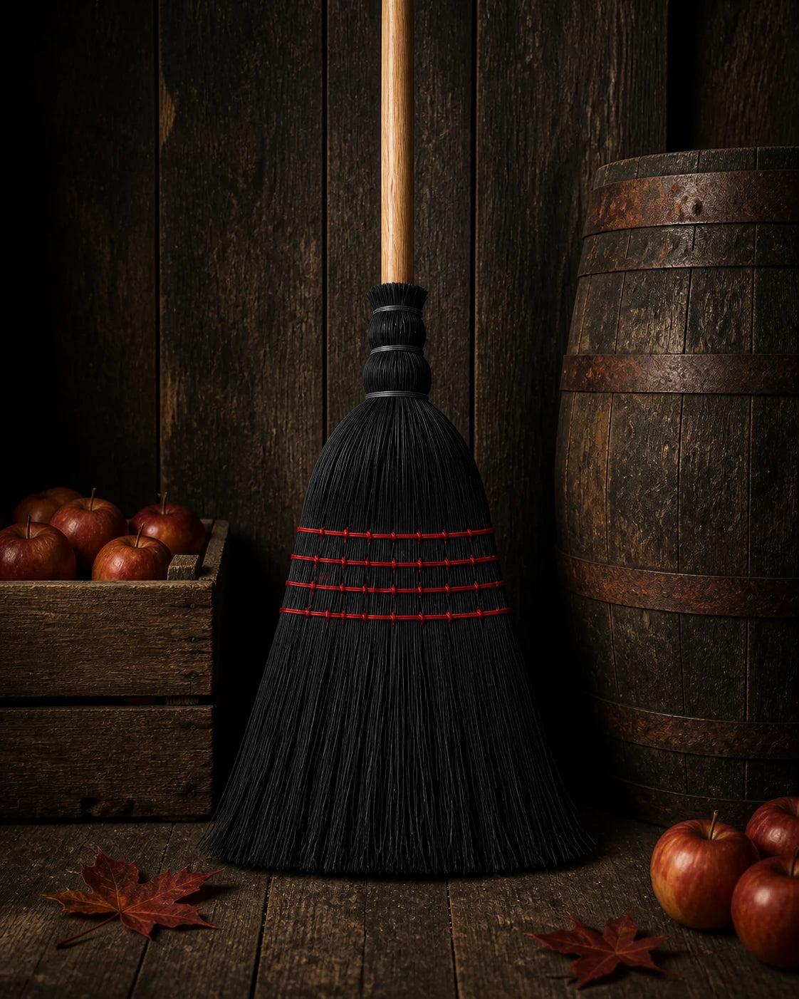 Full Cinder Broom beside an apple crate and oak barrel