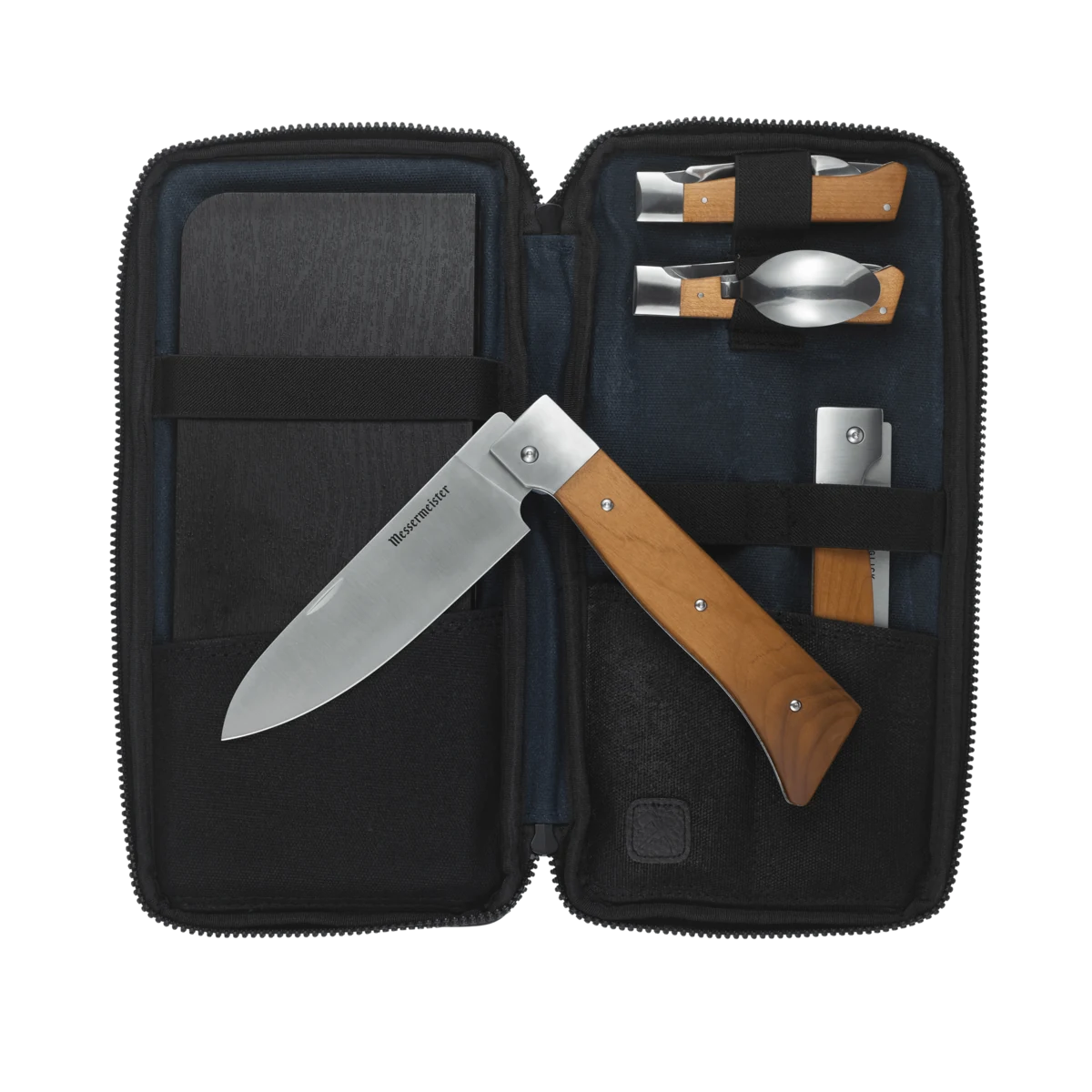 Messermeister Adventure Chef Maple Summit six-piece set in its open canvas case