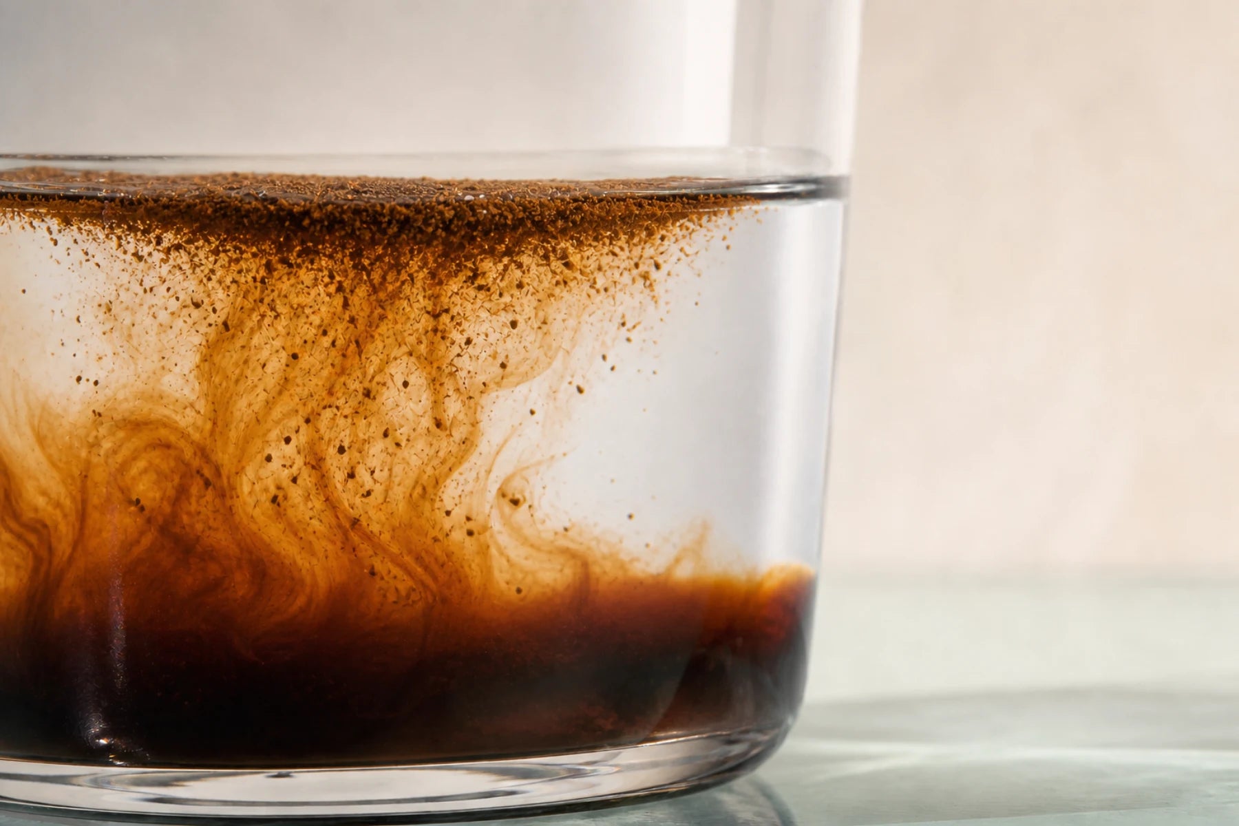 Fine coffee crystals dissolving into water