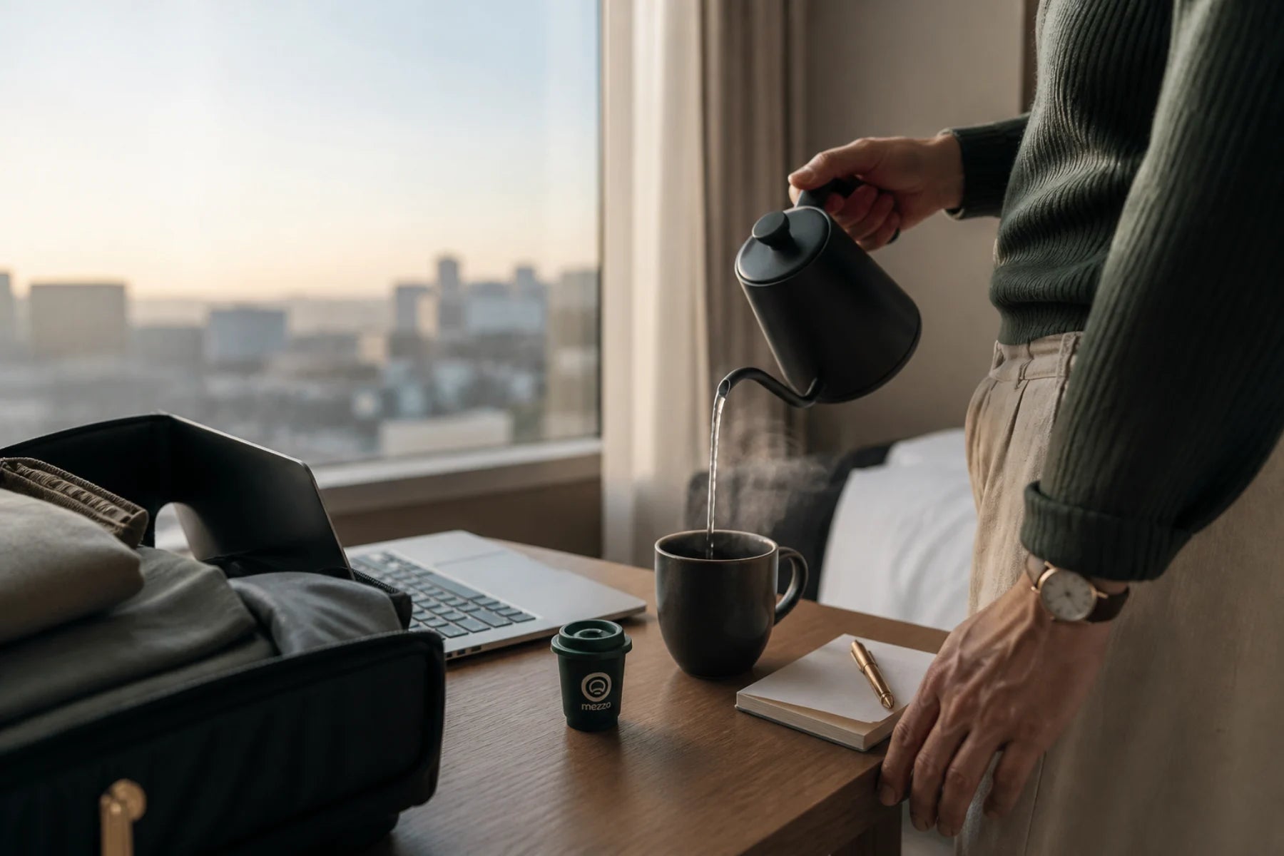 Traveler making Mezza coffee at a hotel desk beside a carry-on and laptop