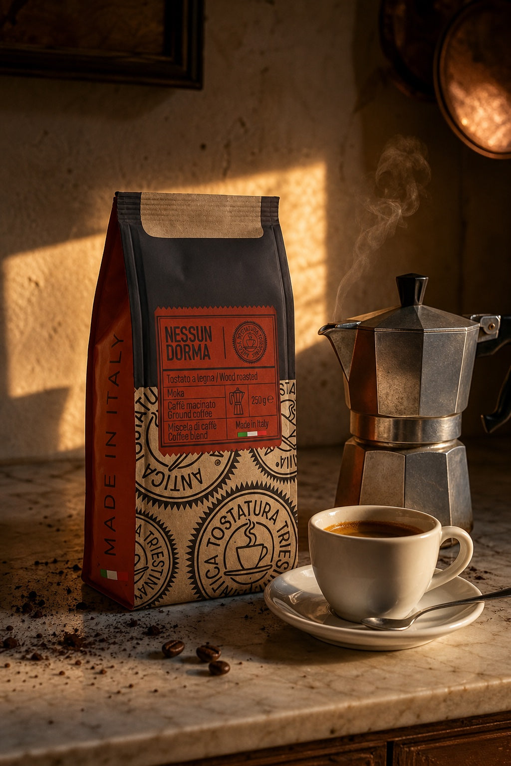 Nessun Dorma moka bag beside a moka pot and espresso cup in dawn light