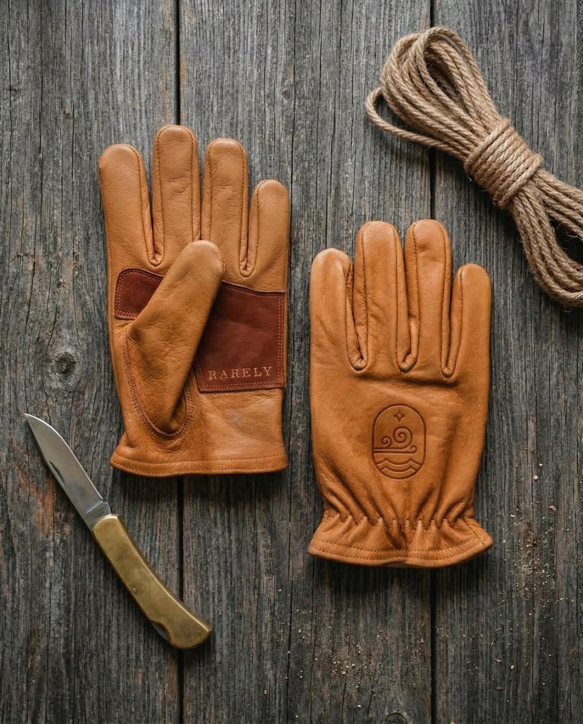 Flat lay of the gloves, palm and back, with the oxblood palm patch and debossed sigil