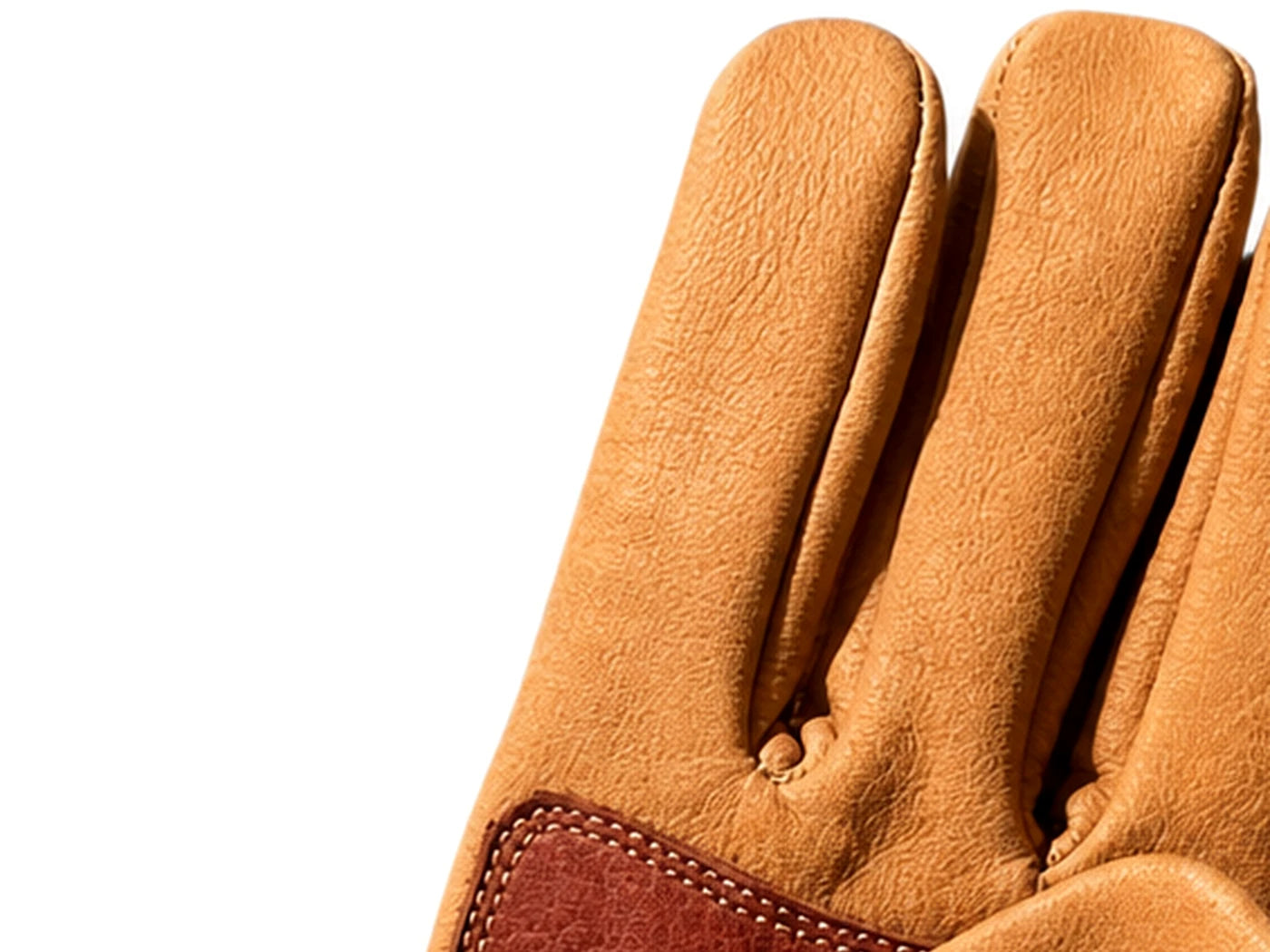 Actual oxblood double-leather palm heel patch and all-tan leather fingertips
