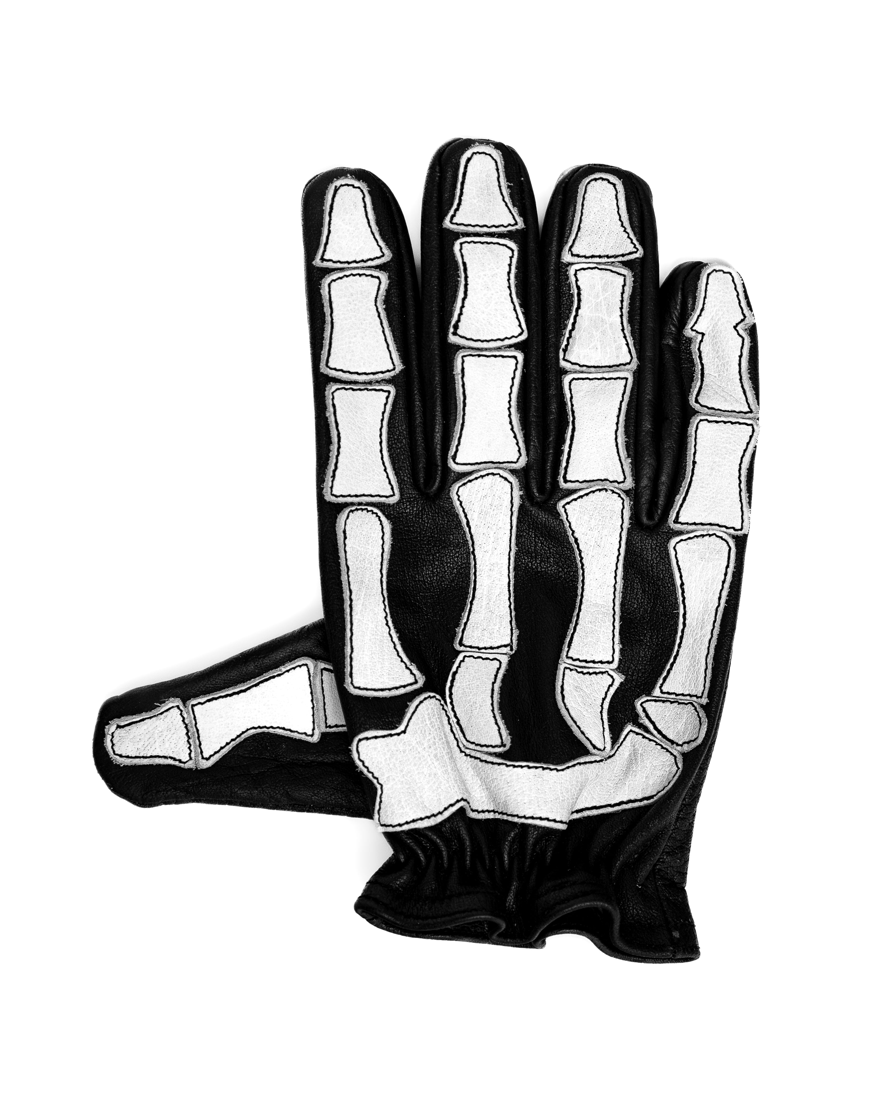 Pair of skeleton gloves, dorsal view, showing thumb and finger bone panels