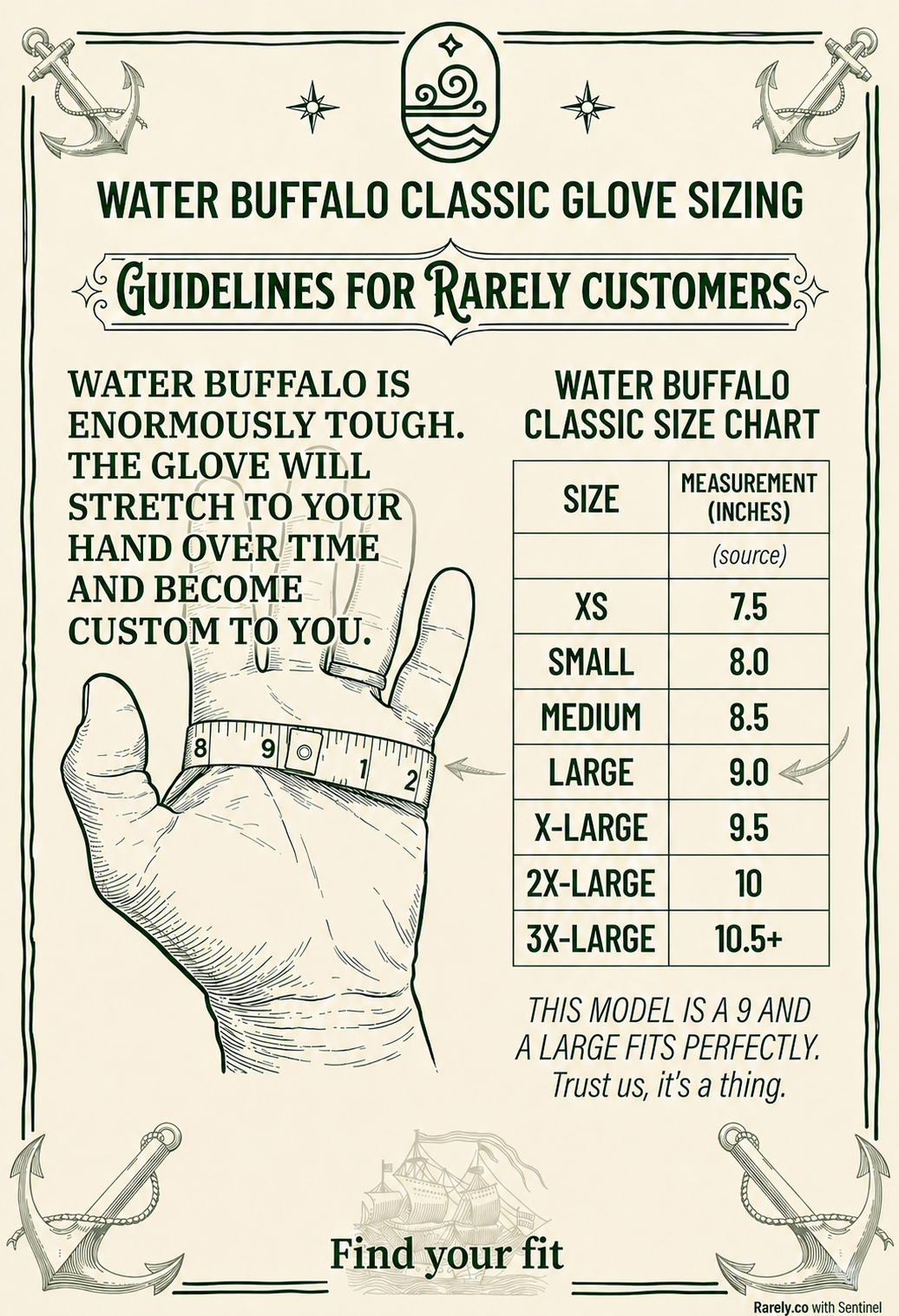 Glove sizing chart with hand measurements for XS through 2XL