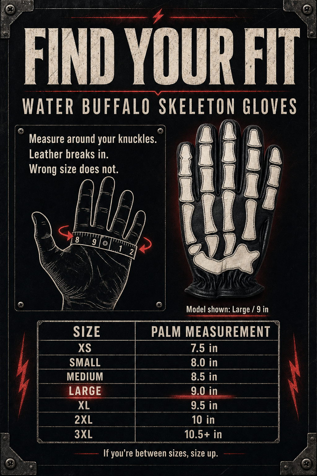 Rarely buffalo leather skeleton gloves sizing chart