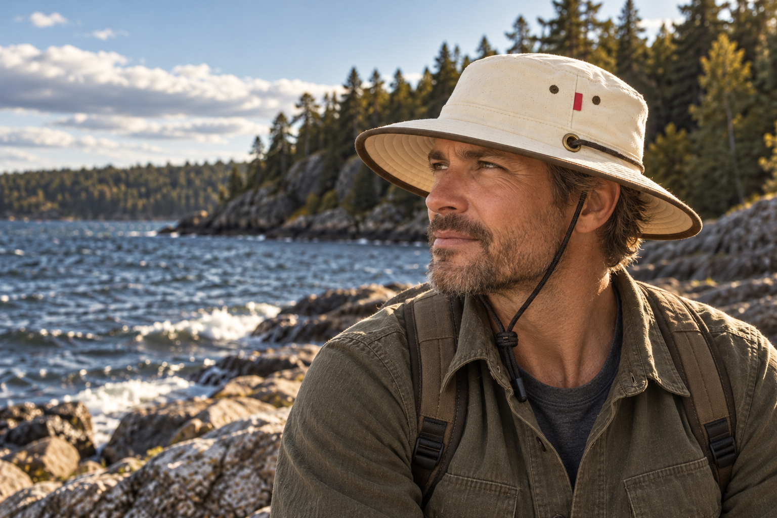 Man wearing the natural Canvas Cruiser Hat on a windy northern lakeshore