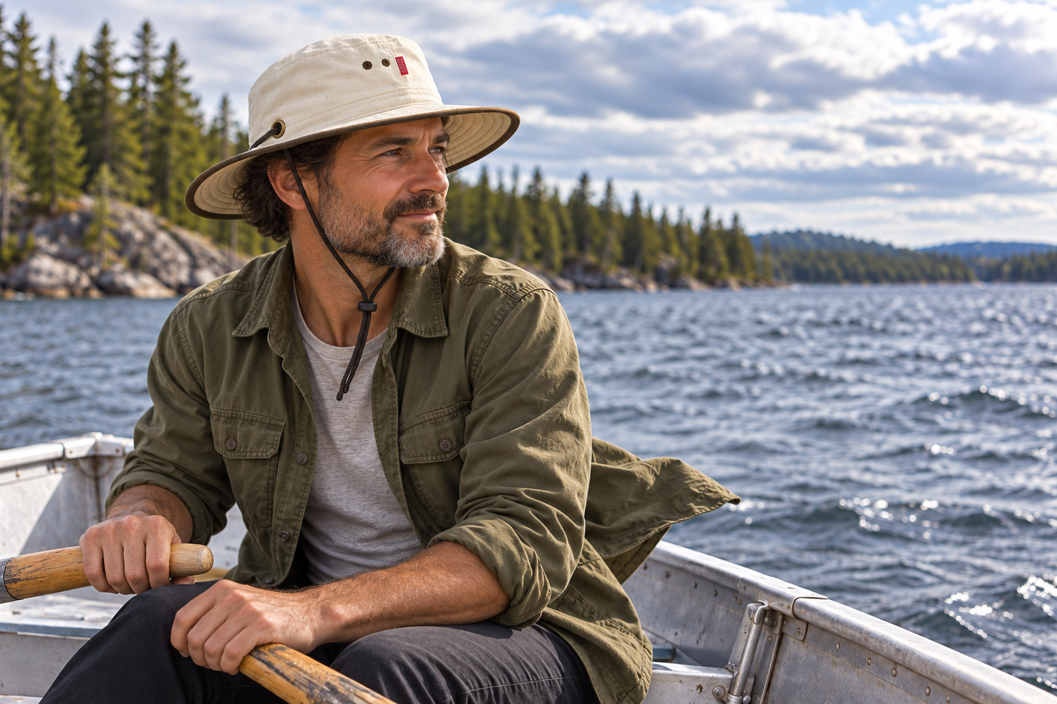 Man wearing the Canvas Cruiser Hat in a boat on a breezy lake