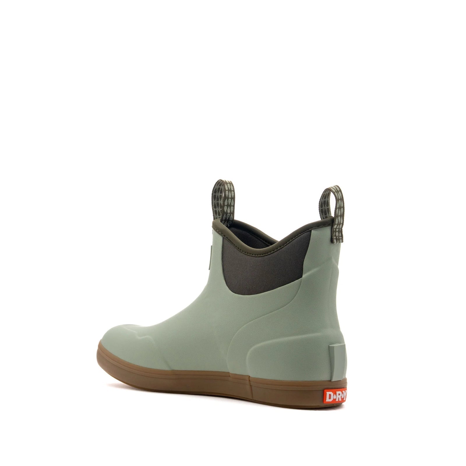 Close side view of the seamless Field Sage rubber upper and charcoal neoprene collar