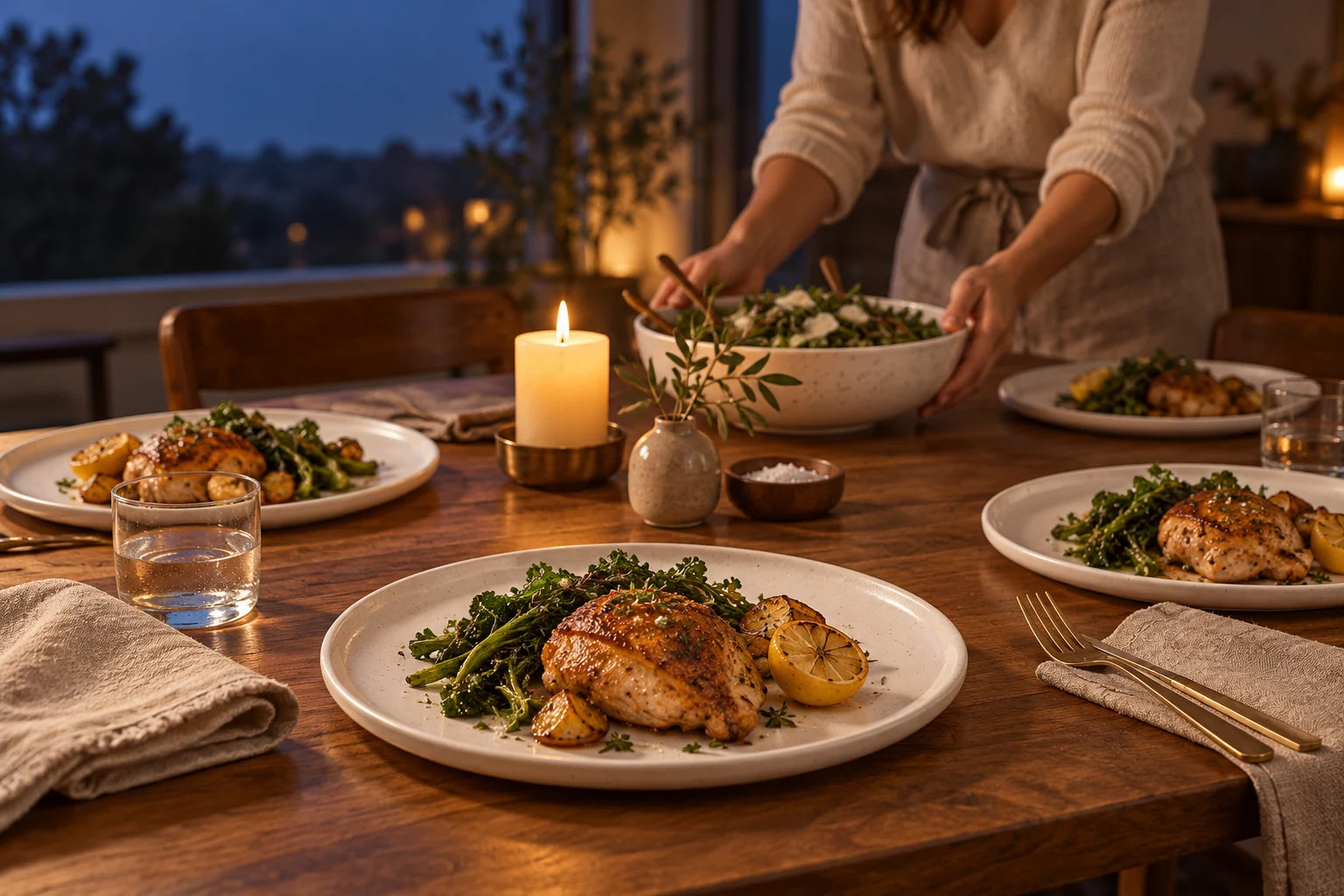 A warm dinner table set with four speckled white dinner plates