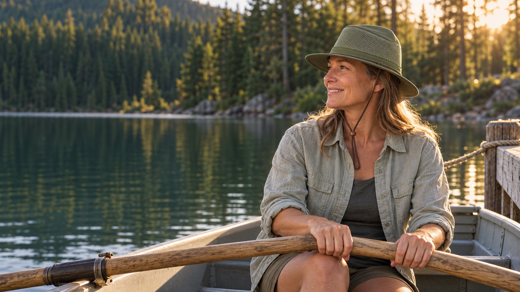 Woman wearing the Fern Mesh Hiker in a rowboat at golden hour