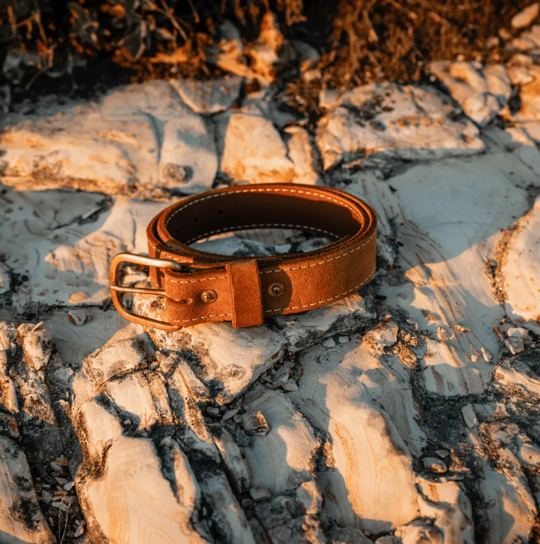 Roughout leather belt resting on a cut log outdoors