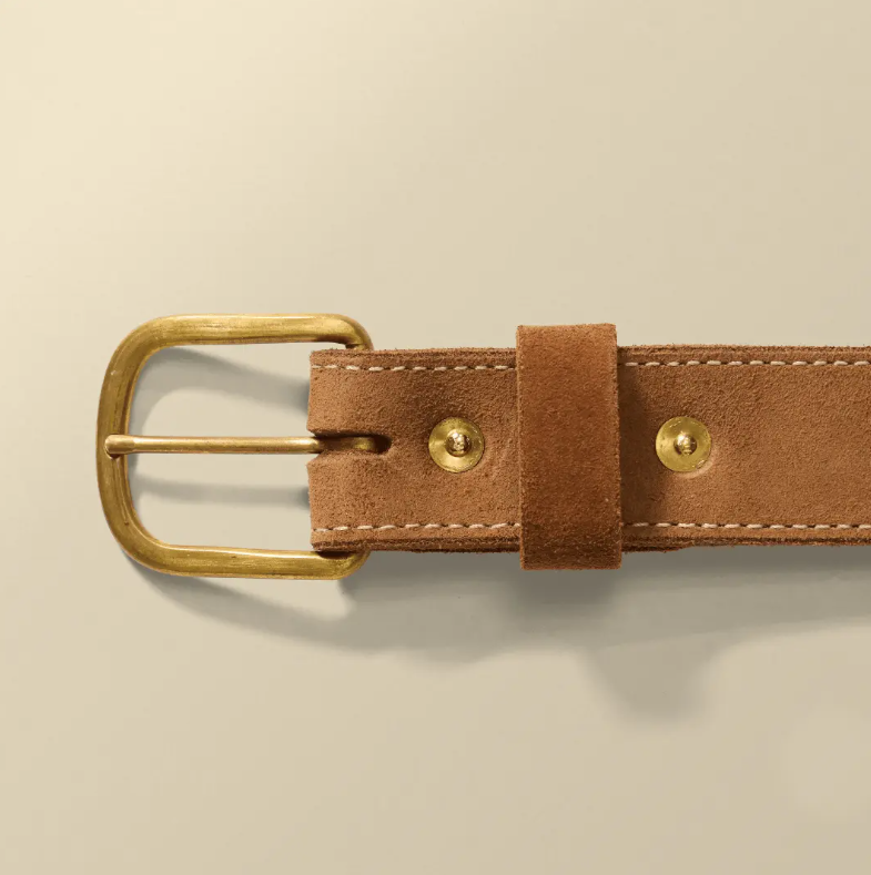 Solid raw brass buckle, leather keeper, and brass fasteners