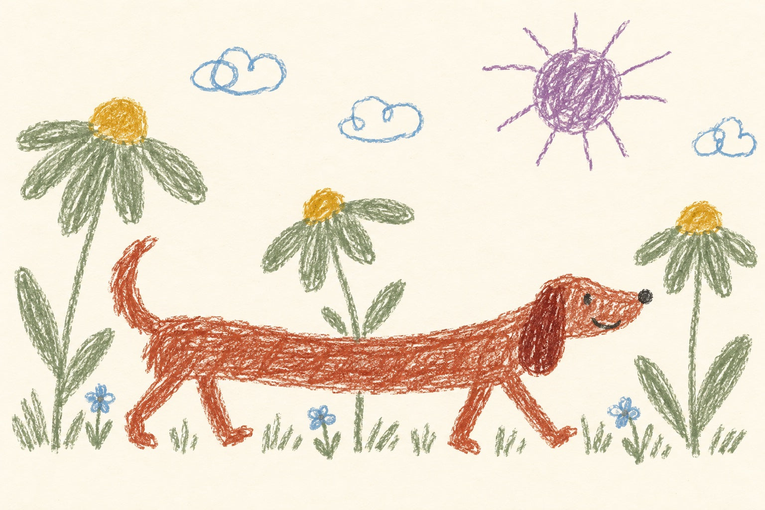 Crayon illustration of a very long red dog among giant flowers beneath a purple sun