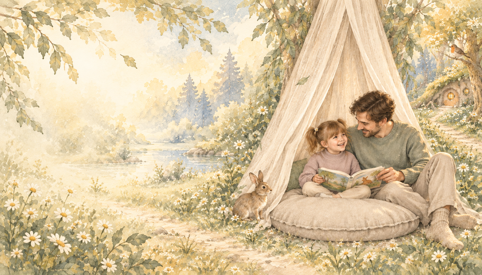 Watercolor of a father and child sharing a book in a soft canopy nook that opens into an imagined woodland