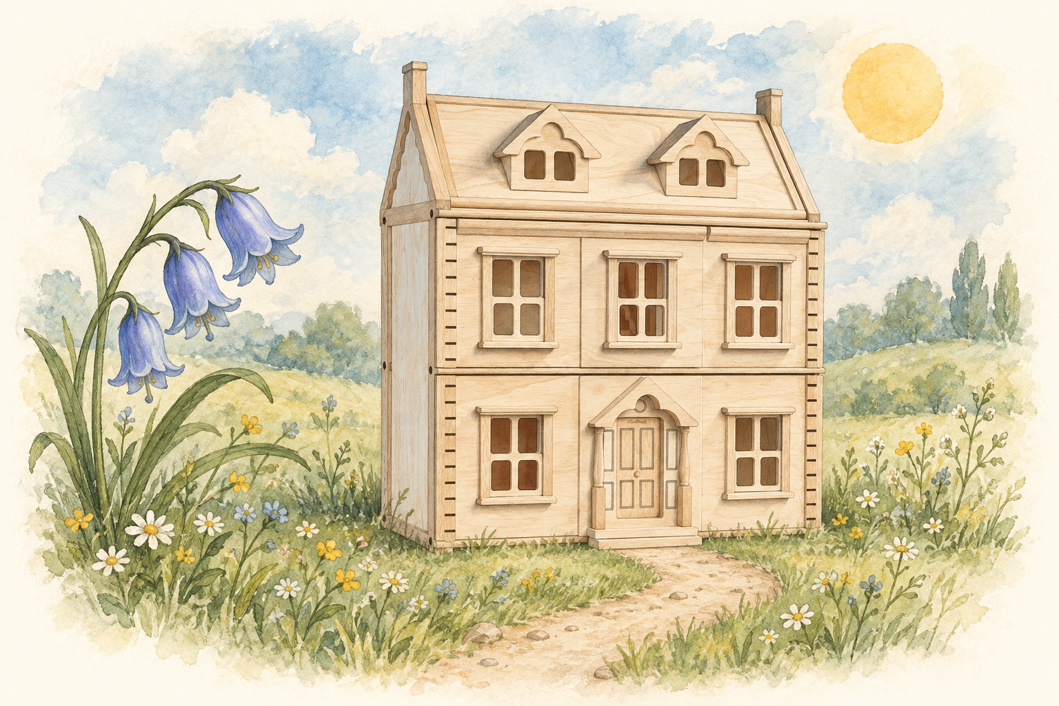 Storybook illustration of the Victorian Dollhouse in a meadow of bluebells