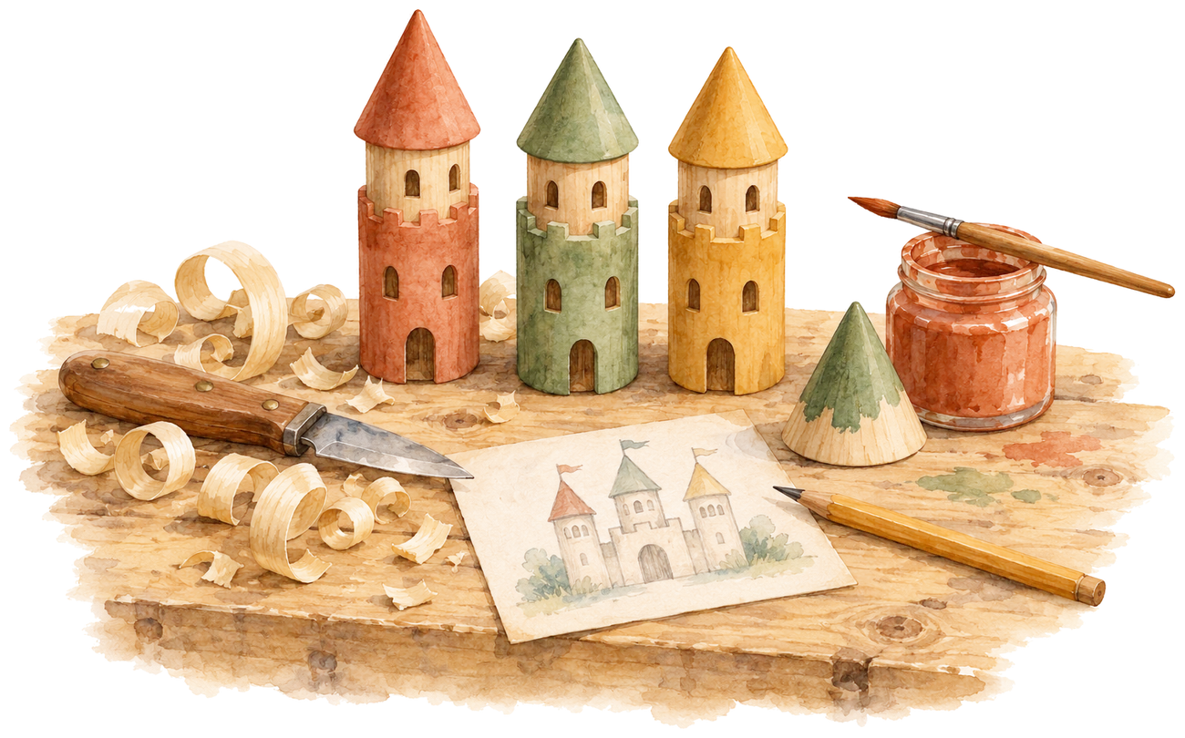 Watercolor of a toymaker's workbench: linden shavings, a carving knife, a jar of paint and three freshly painted wooden towers
