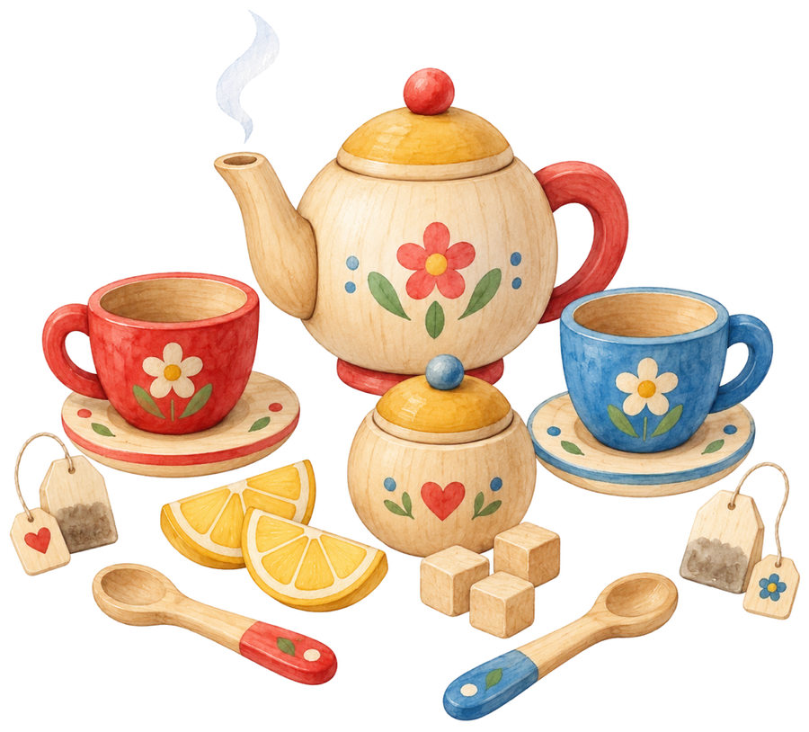 Watercolor of a wooden toy tea party: a flowered teapot, a red cup and a blue cup, sugar cubes, lemon slices and tea bags