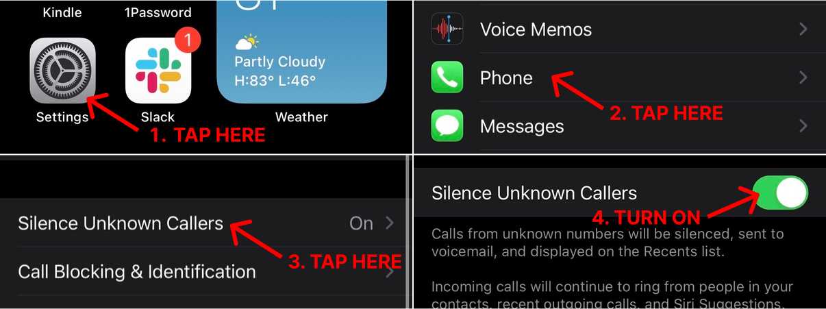iPhone Settings showing how to silence unknown callers