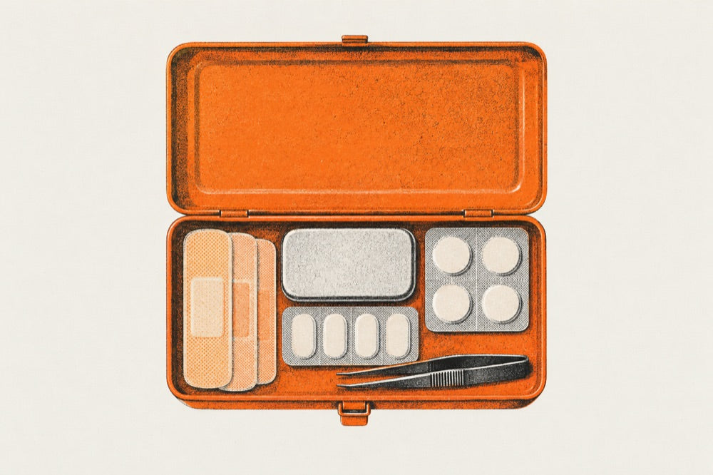 An open orange T-152 with bandages, a pill tin and tweezers