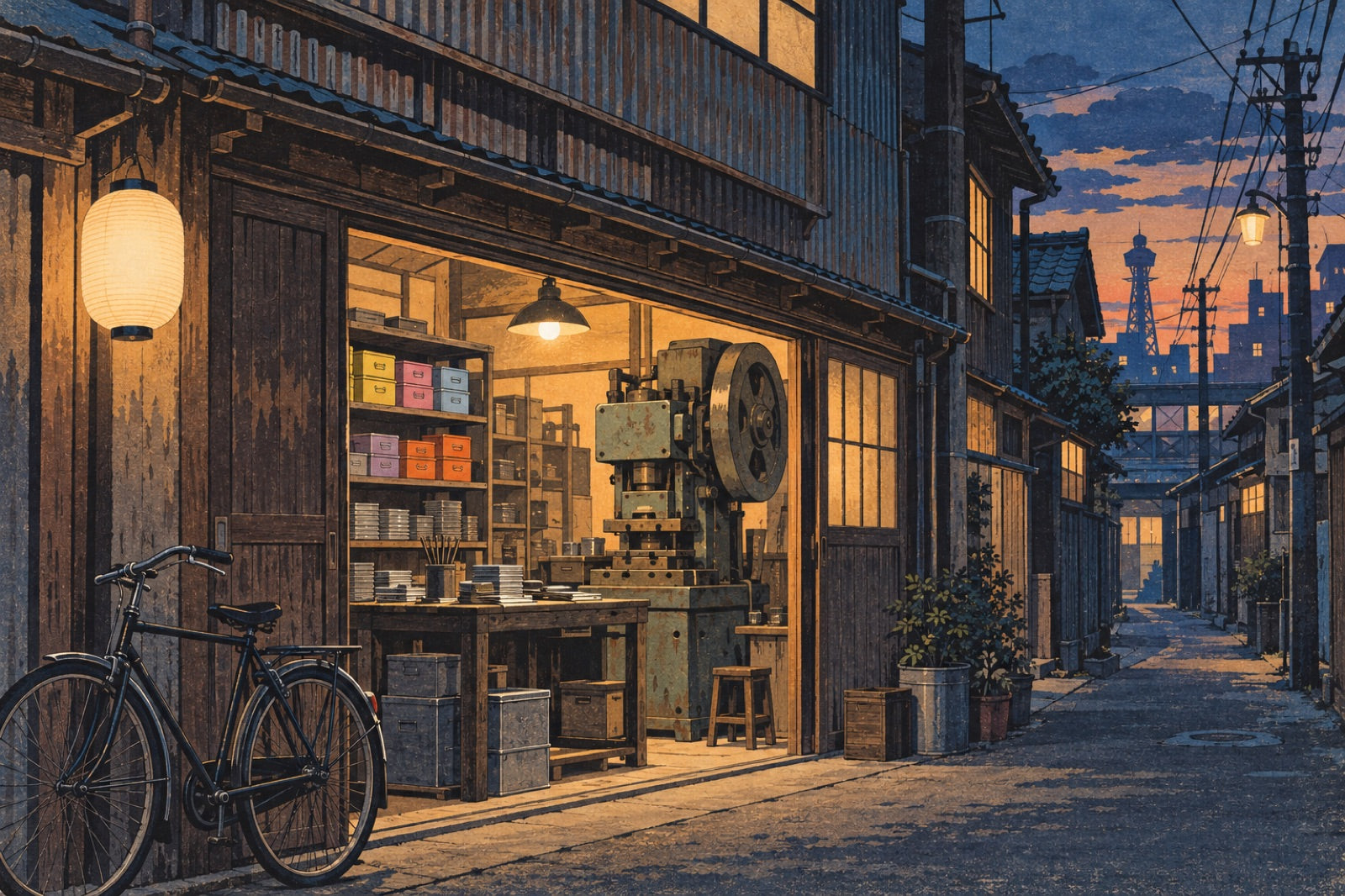 Illustration: a small Osaka sheet-metal workshop at dusk, shelves of colorful steel boxes inside