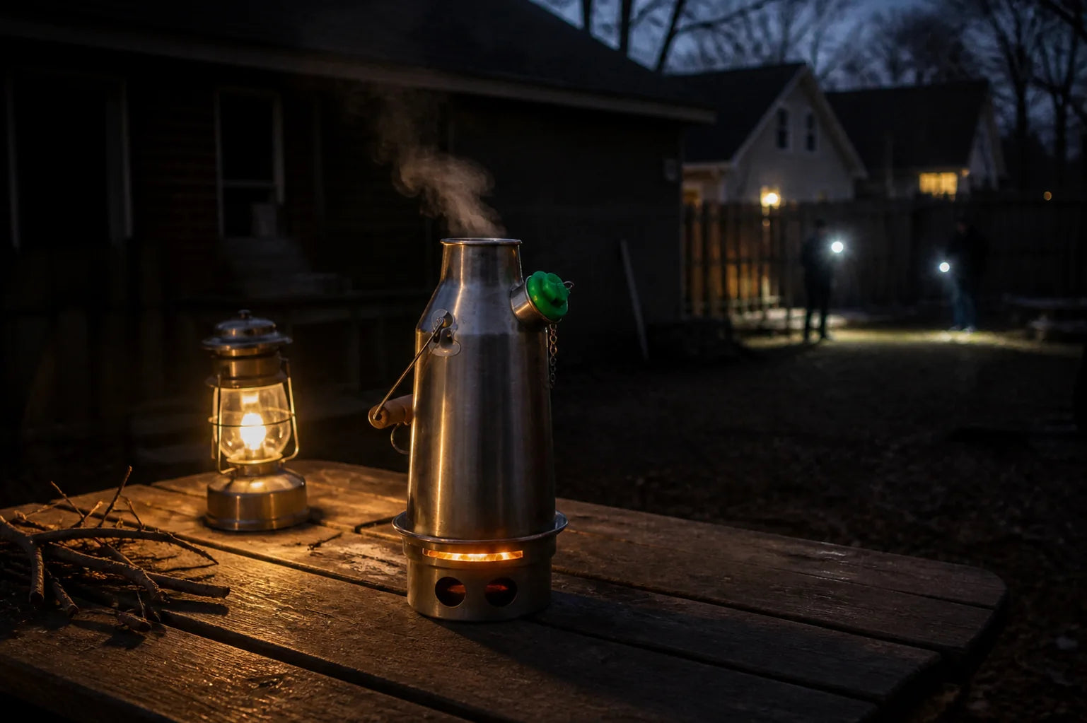 The kettle boiling on a picnic table during a neighborhood power outage at dusk