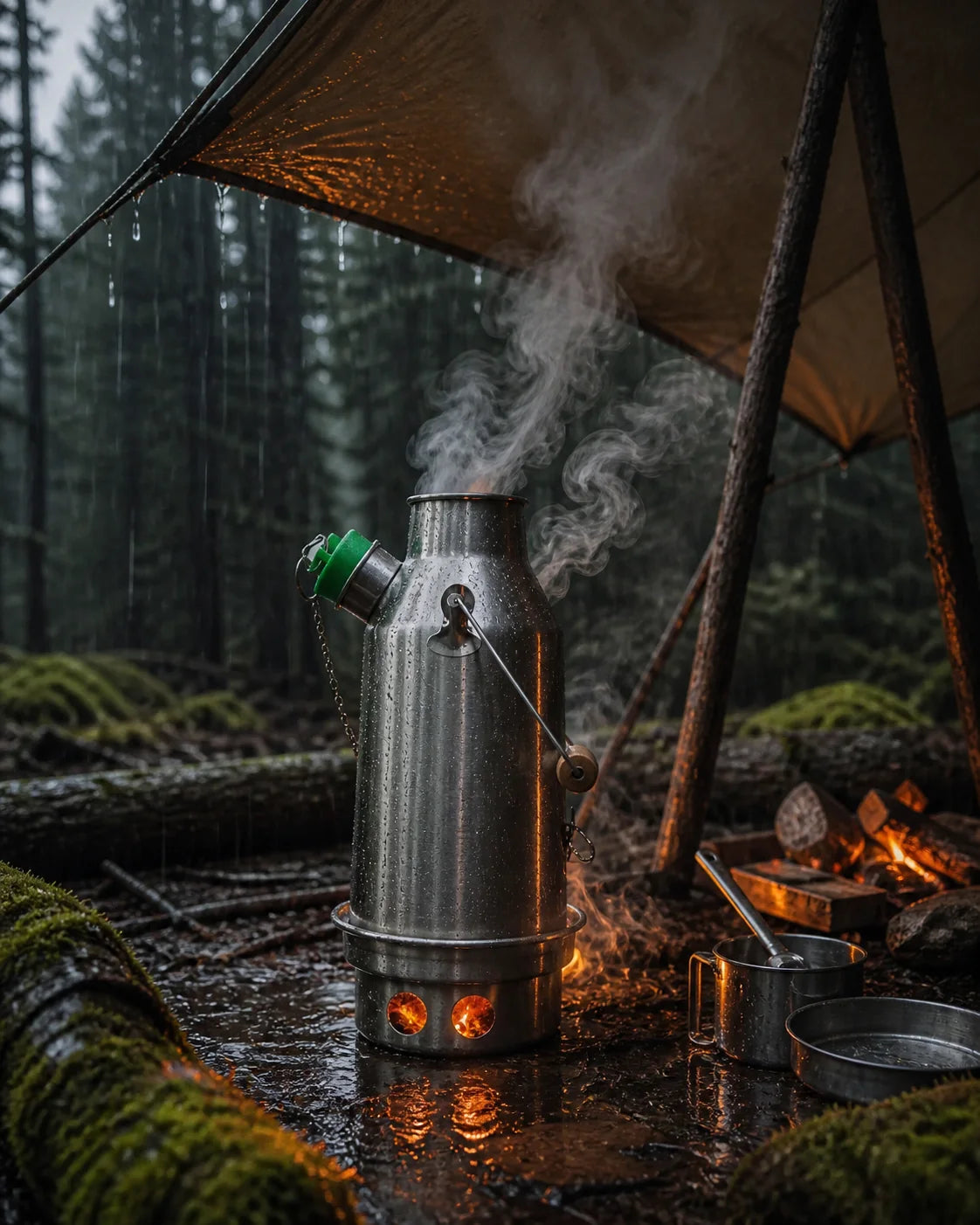The kettle boiling hard under a tarp in falling rain
