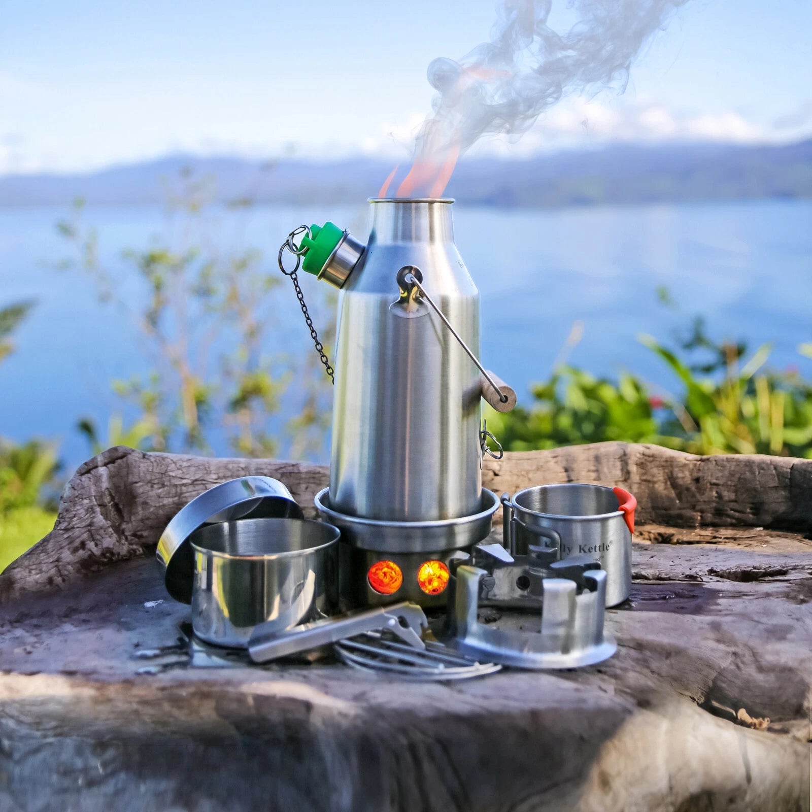 Full Trekker cook set in use with pot support over the chimney