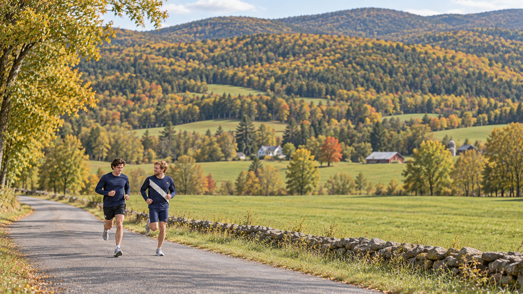 Two young adult runners in navy Tracksmith kit on a winding road among green and gold autumn hills.