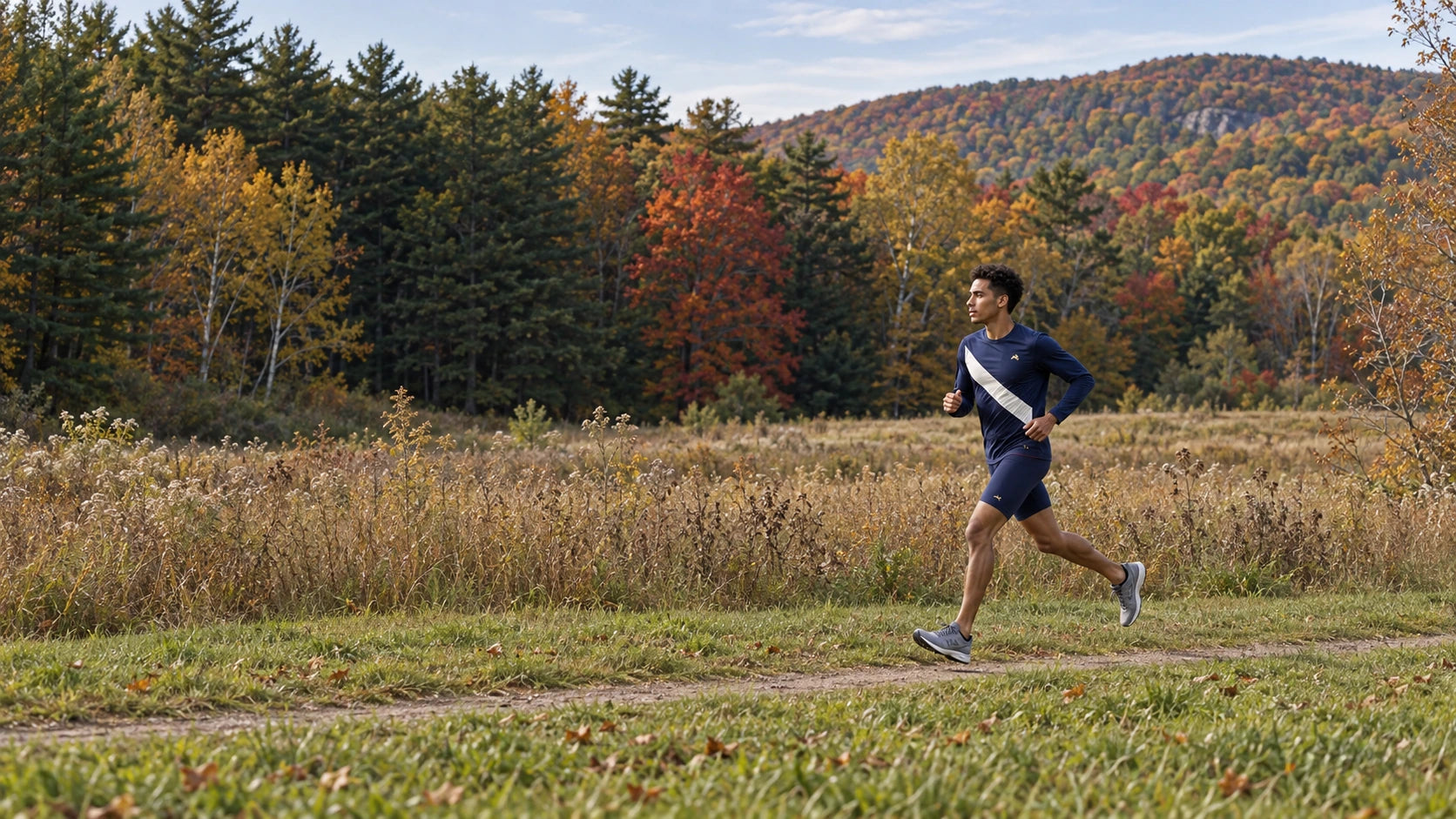 A young adult runner in a navy and ivory Van Cortlandt Long Sleeve crossing a meadow beside autumn woodland.