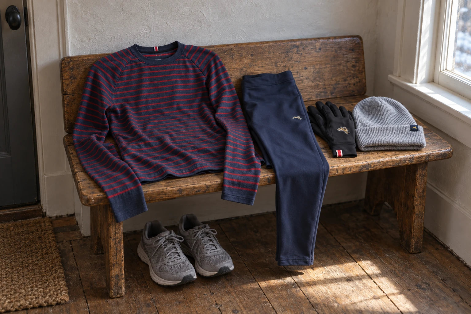 Original still life of a striped Brighton Base Layer, navy Turnover Tights, black Inverno Gloves and gray Prospect Beanie laid out on a wooden bench.