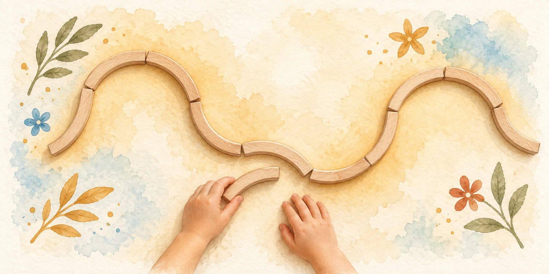 Watercolor scene of a child arranging curved Abel blocks into a winding path