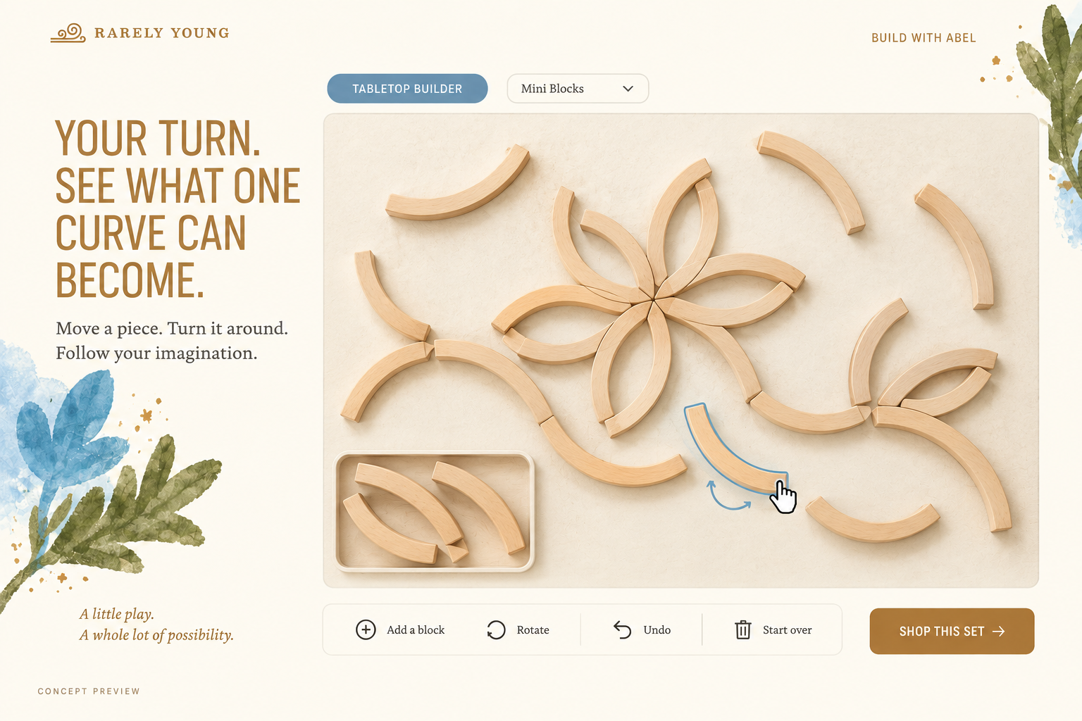 A preview of curved blocks arranged into a flower on a virtual tabletop