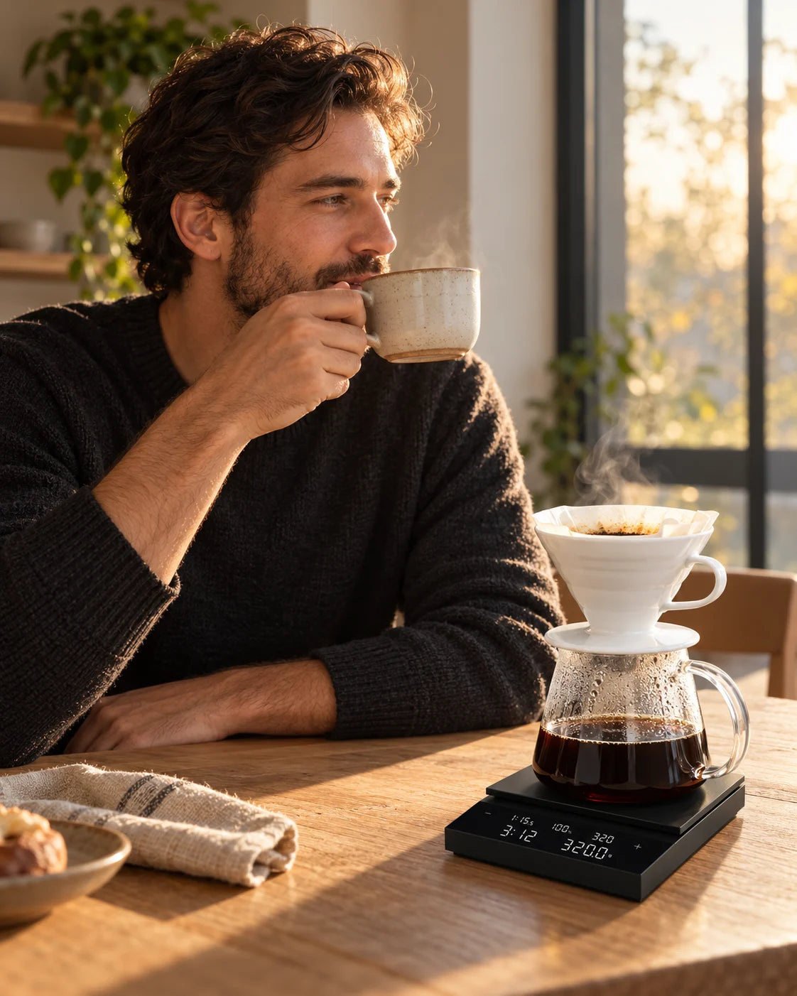 A man enjoying a fresh pour-over coffee beside the Polaris scale
