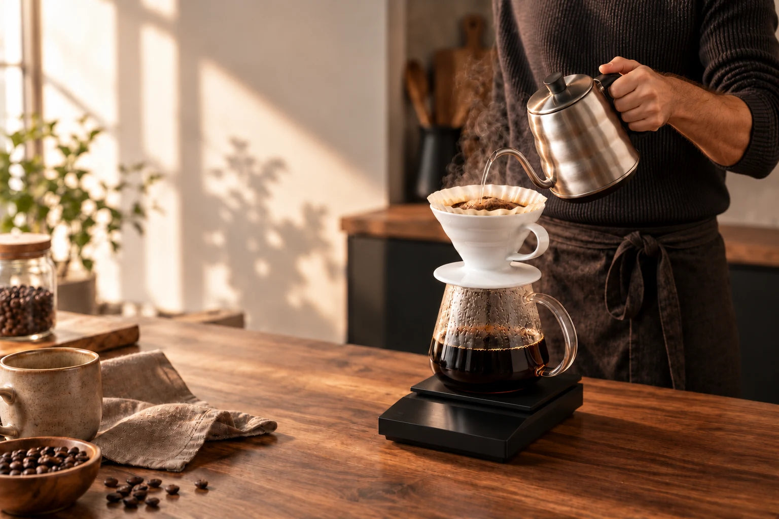 A pour-over brew in progress on the black Hario Polaris coffee scale